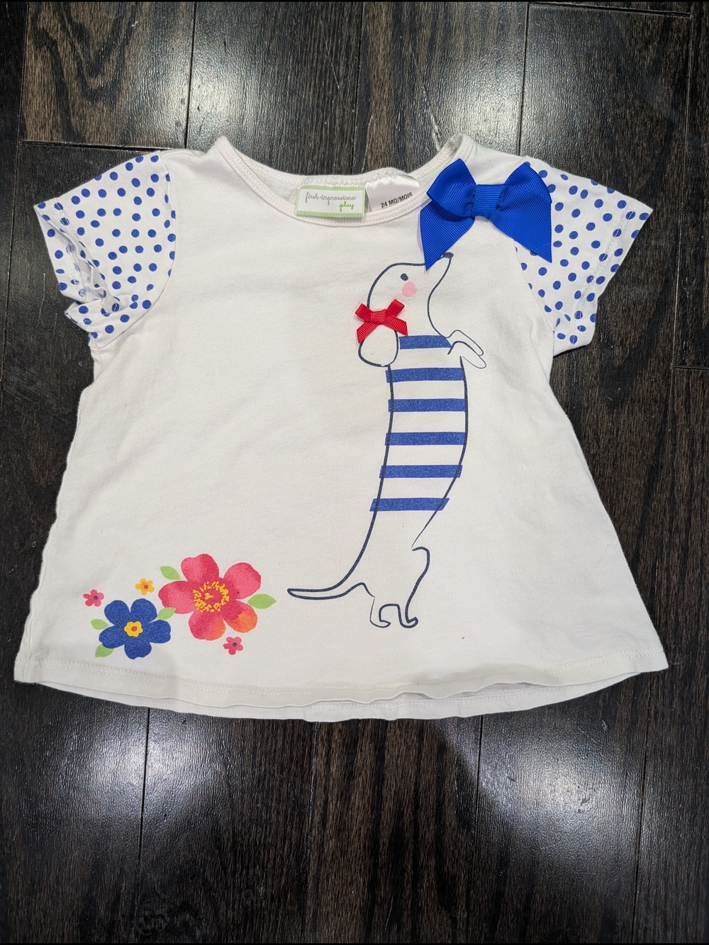 4/$20 First Impressions Play White Dachshund Graphic Tee Polka Dot Sleeves 24M